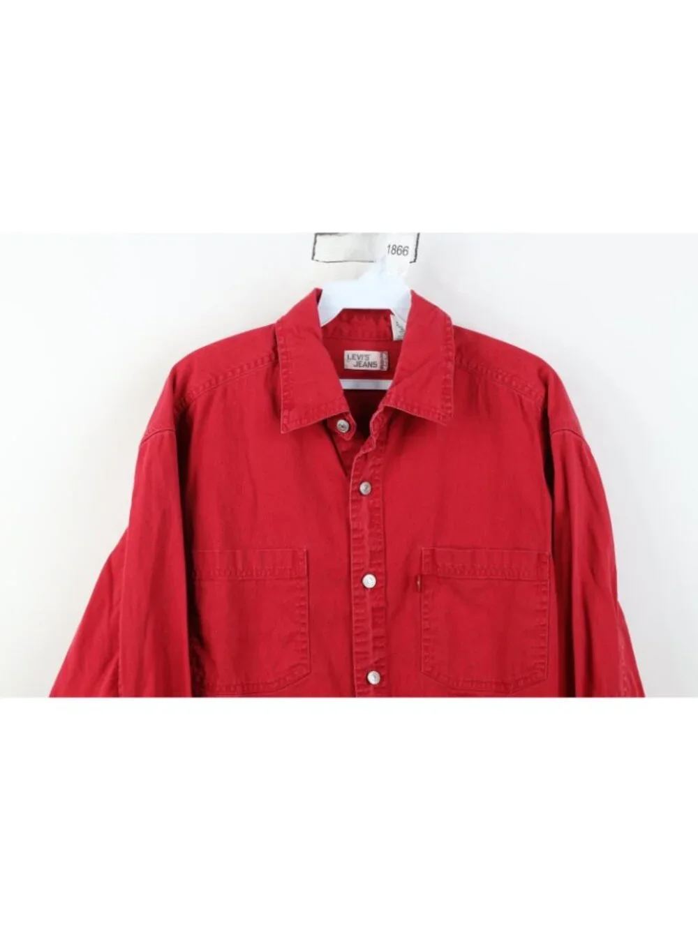 Vintage 90s Levis Mens Medium Distressed Collared Denim Jean Button Shirt Red